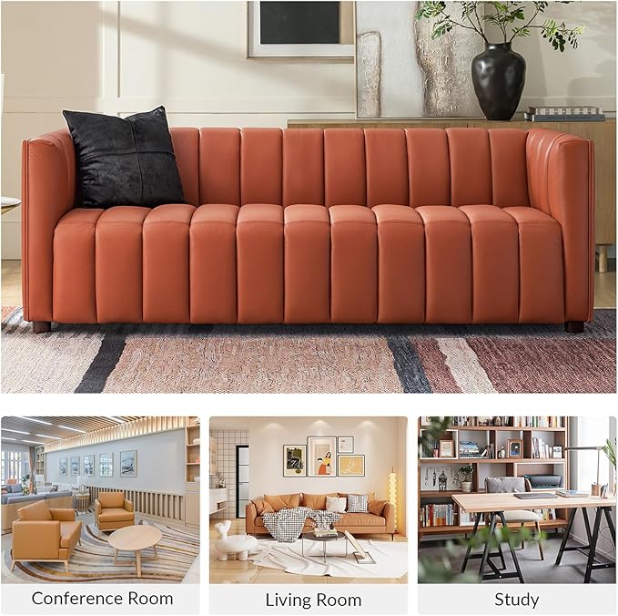 Genuine Leather Channel Tufted Sofa