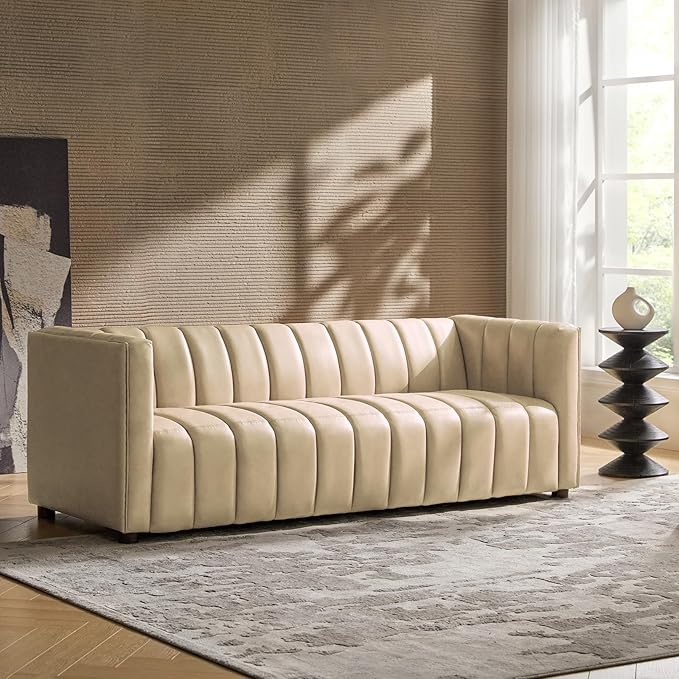 Genuine Leather Channel Tufted Sofa