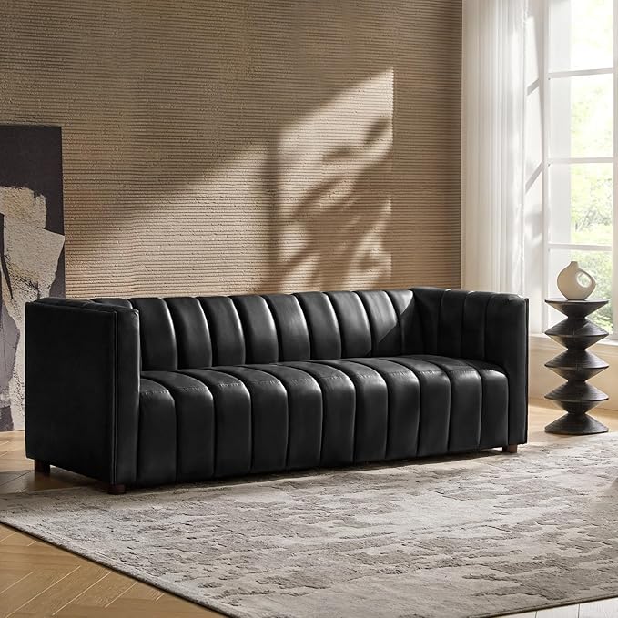 Genuine Leather Channel Tufted Sofa