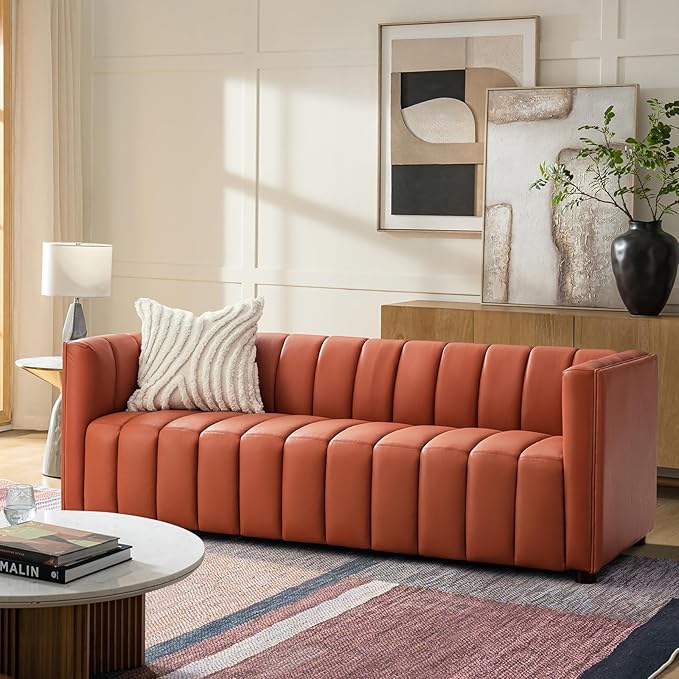 Genuine Leather Channel Tufted Sofa